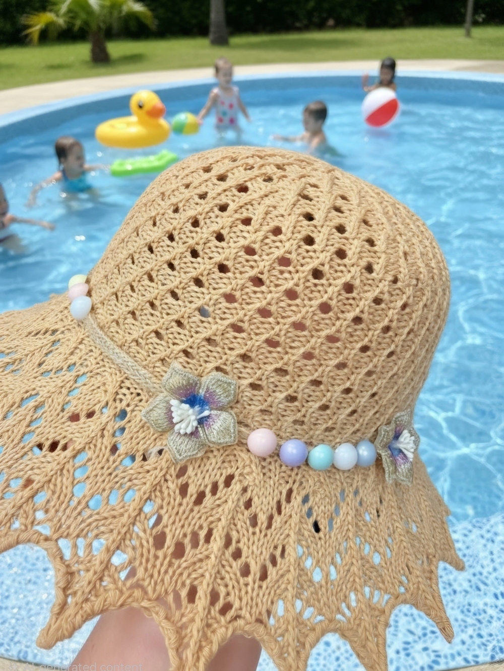 Kids Crochet Sun Hat with Beaded Flower Trim - Tan